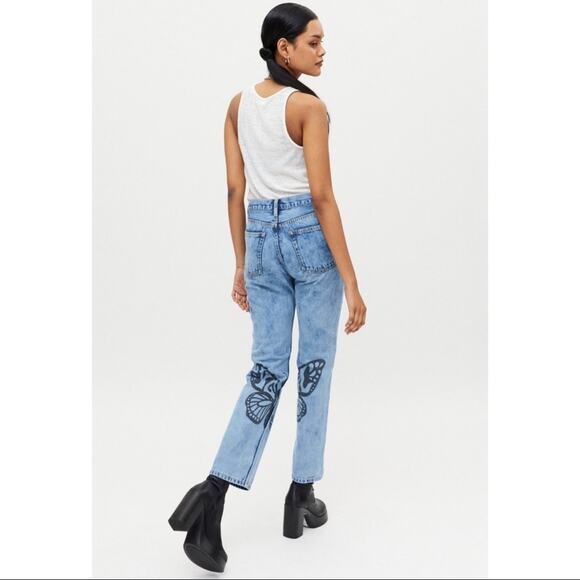 🍒[ X-Girl ] Butterfly Print Acid Wash Straight Leg Jeans - Picture 3 of 15